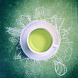 © kirasolly - Green tea with circle ecology doodles. Sketched eco elements with cup of green tea