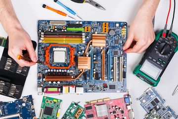 Poster - Technician upgrade of computer top view, motherboard