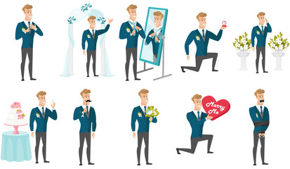 Wall Mural - Young caucasian groom vector illustrations set.