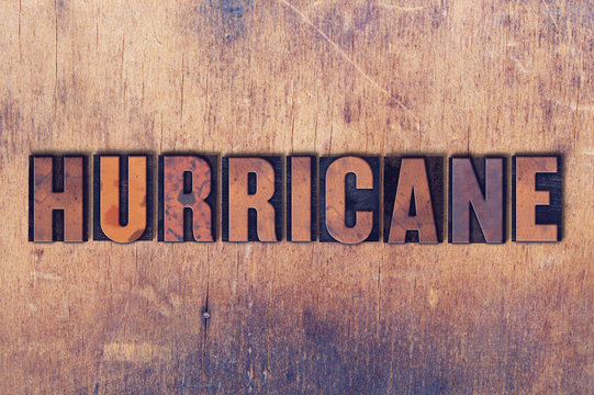 Hurricane Theme Letterpress Word on Wood Background
