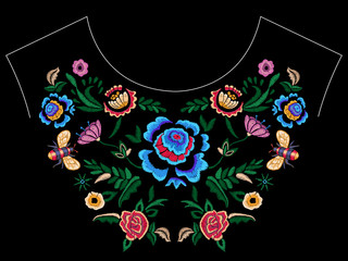 embroidery folk neckline pattern with fantasy simplify flowers. vector embroidered floral patch for 