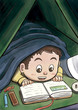 Child Hiding Beneath the Blanket Reading a Picture Book (White Boy)