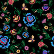 Embroidery seamless pattern with fantasy simplify flowers. Vector embroidered floral patch for clothing design.