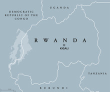 Rwanda Political Map With Capital Kigali. Republic And Sovereign State, Located In Central And East Africa. Country In The African Great Lakes Region. Gray Illustration With English Labeling. Vector.
