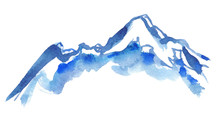 Blue Snowy Mountain Peaks Painted In Watercolor On Clean White Background