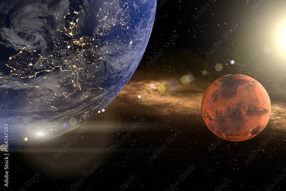 bloodmoon-lub-mars-ziemia-u-gory-po-lewej-czerwona-planeta-po-prawej-stronie-slonce-w-prawym-gornym-rogu-z-soczewka-utworzono-w-3d-tekstury-nasa