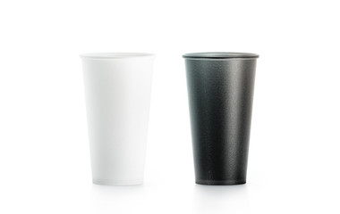 Fototapete - Blank big black and white disposable paper cup mock up isolated, 3d rendering. Empty polystyrene coffee drinking mug mockup front view. Clear tea take away plastic package, cofe branding template.