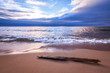 Tranquil Sea with Driftwood. Gentle wave motion on a bright sandy beach. Seascape background with gorgeous copy space.