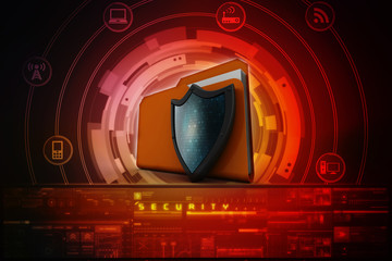 Poster - laptop folder with shield. Isolated 3d rendering image