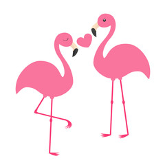 Wall Mural - Pink flamingo couple holding heart. Love family. Exotic tropical bird. Zoo animal kids collection. Cute cartoon character. Greeting card. Flat design. White background Isolated