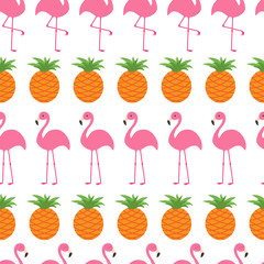 Wall Mural - Seamless Pattern Wrapping paper, textile template. Pineapple Pink flamingo set. Exotic tropical bird. Zoo animal kids collection. Cute cartoon character. Flat design. White background Isolated