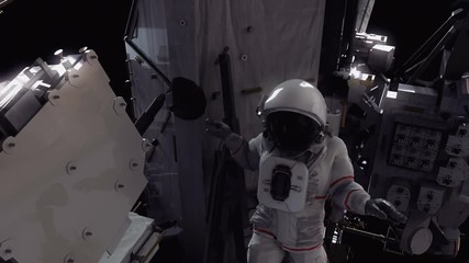 an astronaut on a spacewalk at the international space station. highly realistic 4k animation.