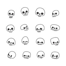 Doodle Hand Drawn Cute Naive Skulls Vector Set.