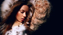 Luxury Girl With Long Brown Hair In A Fur Coat. The Snow Queen. Cold Girl. Lynx, Fur, Fashion, Beauty. Wind, Dark Background. Fur Saloon, North.