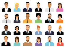 People Icons Set. Team Concept. Diverse Business Men And Women Avatar Icons. Vector Illustration Of Flat Design People Characters.  