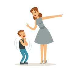 Poster - mother character scolding her frightened son vector illustration