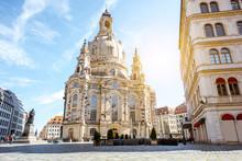 View On The Main City Square With Famous Church Of Our Lady During The Sunrise In Dresden City, Germany