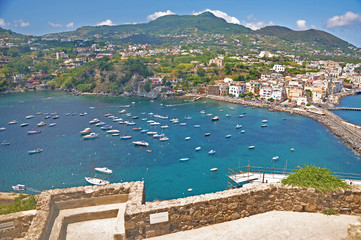 Wall Mural - The view from the terraces of the Aragonese castle on Ischia island, a magnificent Bay and bridge