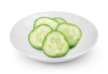 Cucumber Slices In White Plate Isolated On A White Background