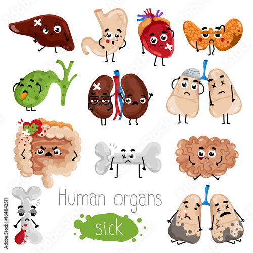 Human Sick Organs Cartoon Character Set Broken Bone Lungs Gallbladder Stomach Liver Thyroid Heart Kidneys Brain Intestine Isolated Vector Illustration Body Anatomy Icons Internal Organs Buy This Stock Vector And Explore