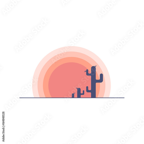 flat-cartoon-desert-sunset-landscape-with-cactus-silhouette-background-vector-illustration