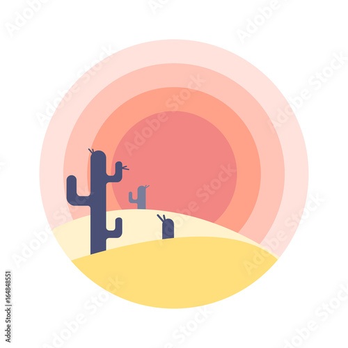 flat-cartoon-desert-sunset-landscape-with-cactus-silhouette-in-circle-background-vector-illustration
