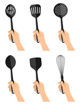 Woman's Nahds With Black Plastic Kitchen Utensils. Flat Concept Illustration Set Of Cooking Tools. Vector Cook Equipment Collection. Group Of Kitchenware Appliances Isolated On White Background.