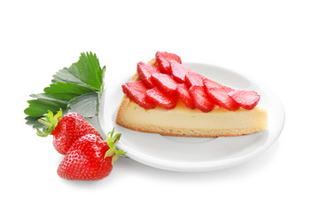 Poster - Plate with piece of homemade strawberry cake on white background