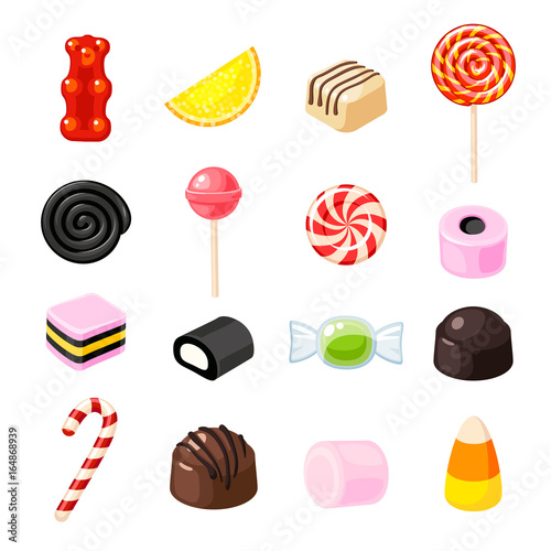 Fotografía Set single cartoon candies: lollipop, candy cane, bonbon, marmalade teddy bear, licorice, candied fruit