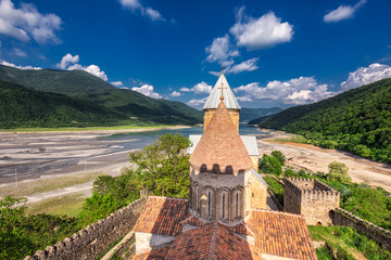 Poster - Castle complex with church on Aragvi river Ananuri, Georgia.