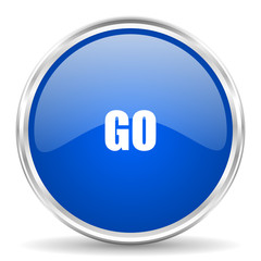 Fototapete - Go blue glossy vector icon. Chrome border round web button. Silver metallic pushbutton.