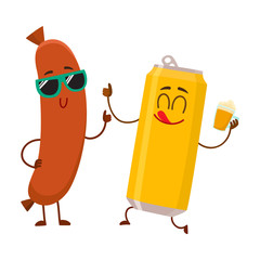 Wall Mural - Funny beer can and frankfurter sausage characters having fun together, cartoon vector illustration isolated on white background. Funny smiling beer can character giving thumb up, sausage poiting to it