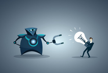 Poster - Modern Robot Holding Magnet Taking Light Bulbs Ideas From Business Man Vector Illustration