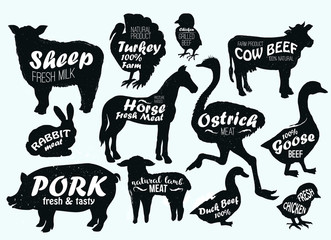 Farm animals logo vintage textured templates. Retro styled animals silhouettes of horse, turkey,cow, chicken,cow,sheep, ostrich, goose, duck, pork, lamb and rabbit.