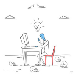 Poster - Business Man Working On Computer With Light Bulb New Idea For Startup Concept Doodle Vector Illustration