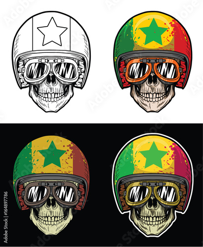 Biker Skull Wearing Goggles And Grunge Senegal Flag Helmet