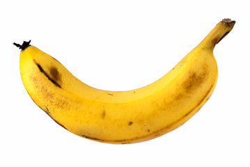 Peeled banana cut in portions on white background, tropical fruit of Guatemala. Musa paradisiaca.