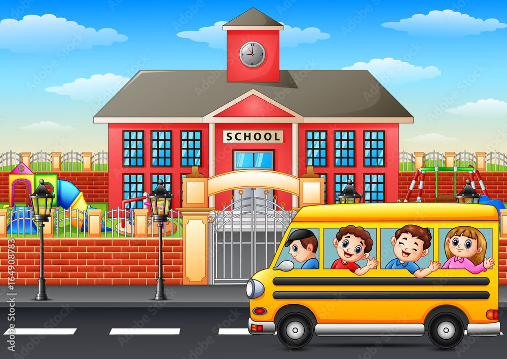 Happy children going to school with school bus Stock Vector | Adobe Stock