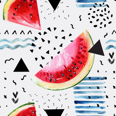 Wall Mural - Abstract watercolor summer background : watermelon, brush stroke, doodle, paper texture.