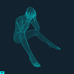 Man in a Thinker Pose. 3D Model of Man. Geometric Design. Human Body Wire Model. Business, Science, Psychology or Philosophy Vector Illustration.