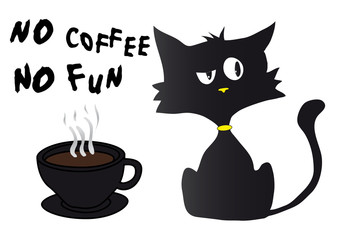 Cartoon black cat silhouette in bad mood with yellow nose and collar, cup of coffee and text no coffe no fun