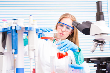 A female lab assistant doing scientific experiments in a scientific laboratory