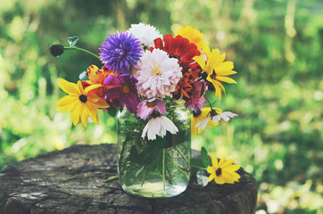 Bunch of flowers on tree stub, summer background