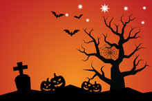 Halloween Silhouette Theme With Pumpkin On Orange Color Background.