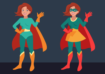 Vector cartoon character illustration of a smiling friendly young woman wearing Superhero costume, standing, waving hello. Flat contemporary style in bright retro colors isolated on dark background.