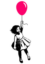 Little Girl Floating Ion Red Balloon Street Art Graffiti Style