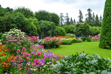 summer garden in saint petersburg city, landscape. beautiful park, flowers and trees view, green law