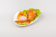 Isolated Ayam goreng penyet, fried chicken ala Indonesia, Indonesian food with condiments