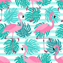 Cute Exotic Tropical Seamless Background With Cartoon Characters Of Pink Flamingos