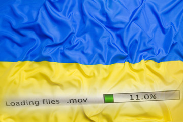 Poster - Downloading files on a computer, Ukraine flag